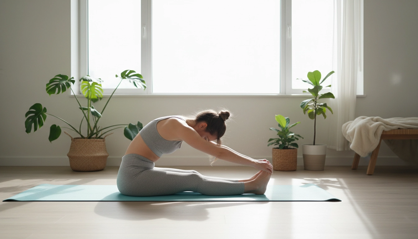 Femme pratiquant des étirements matinaux pour un réveil en douceur et sans stress avant sa routine matinale