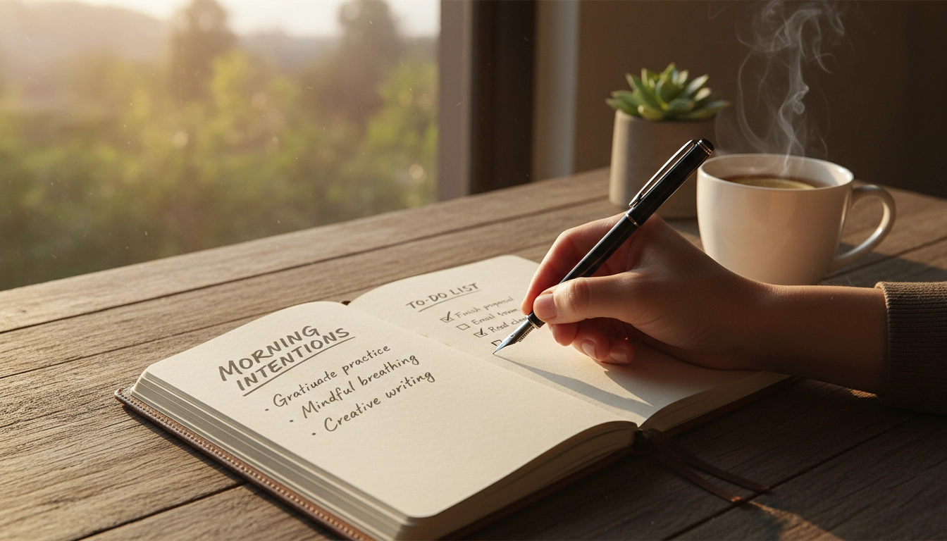 Personne écrivant dans un journal le matin pour planifier sa journée et maintenir une routine matinale efficace et sereine