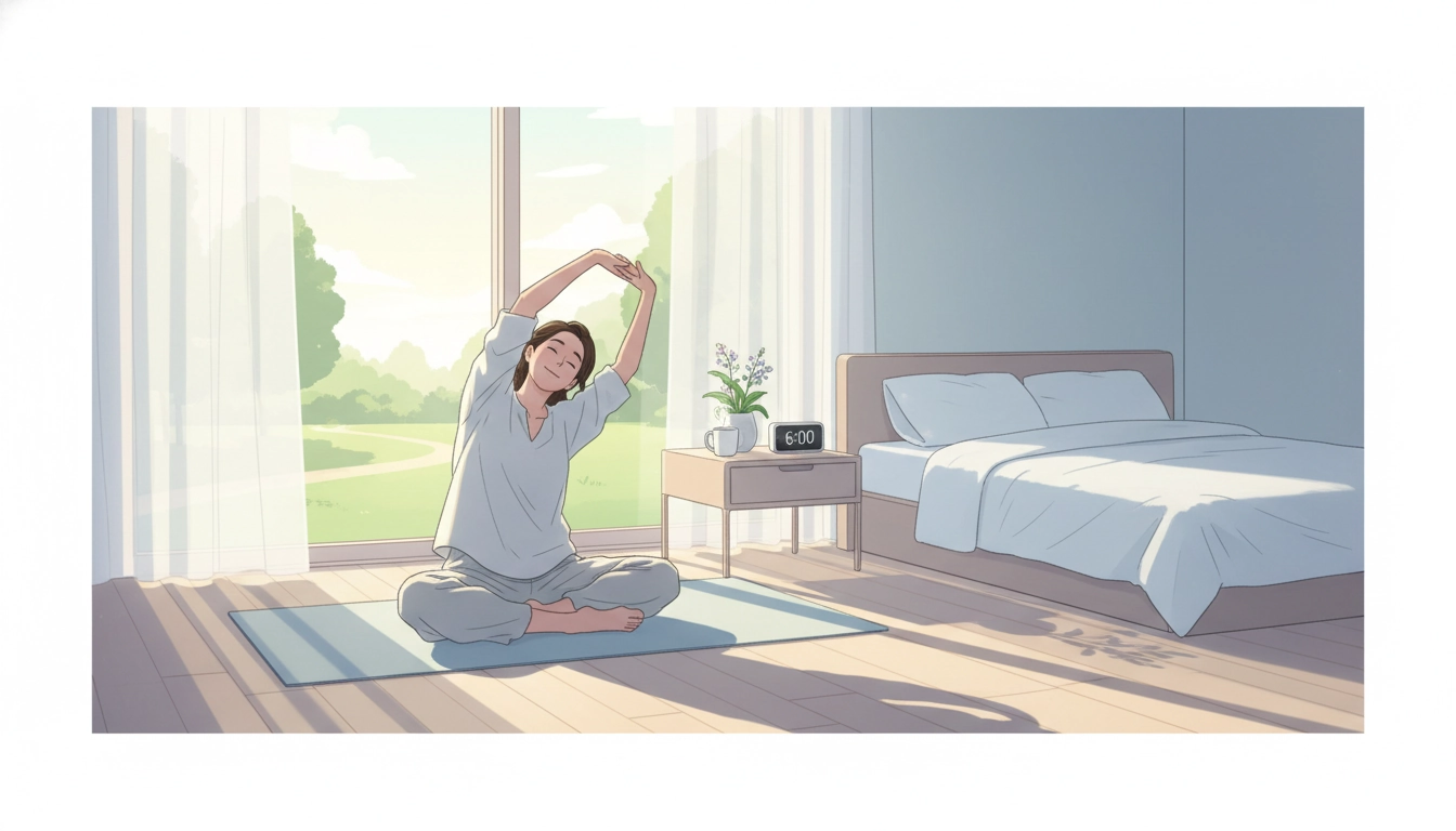 Femme qui se réveille facilement et sereinement le matin avec la lumière naturelle entrant par la fenêtre