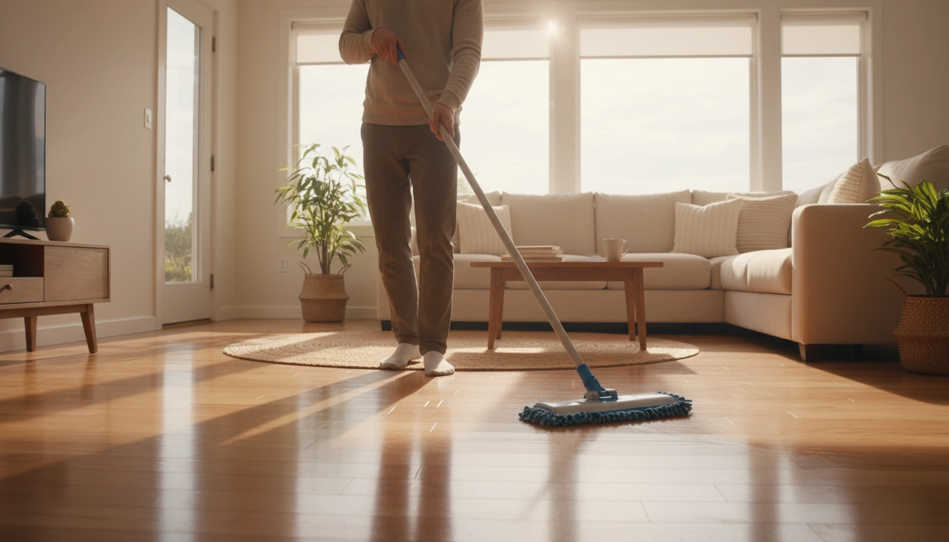 Personne effectuant sa routine entretien quotidien parquet vitrifié avec un balai microfibre dans un salon lumineux