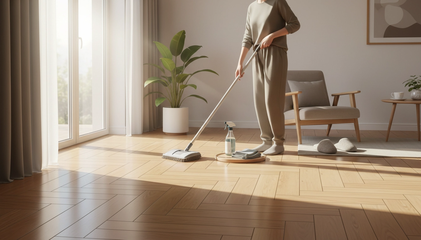 Balai microfibre utilisé dans une routine entretien quotidien parquet vitrifié brillant dans un salon lumineux