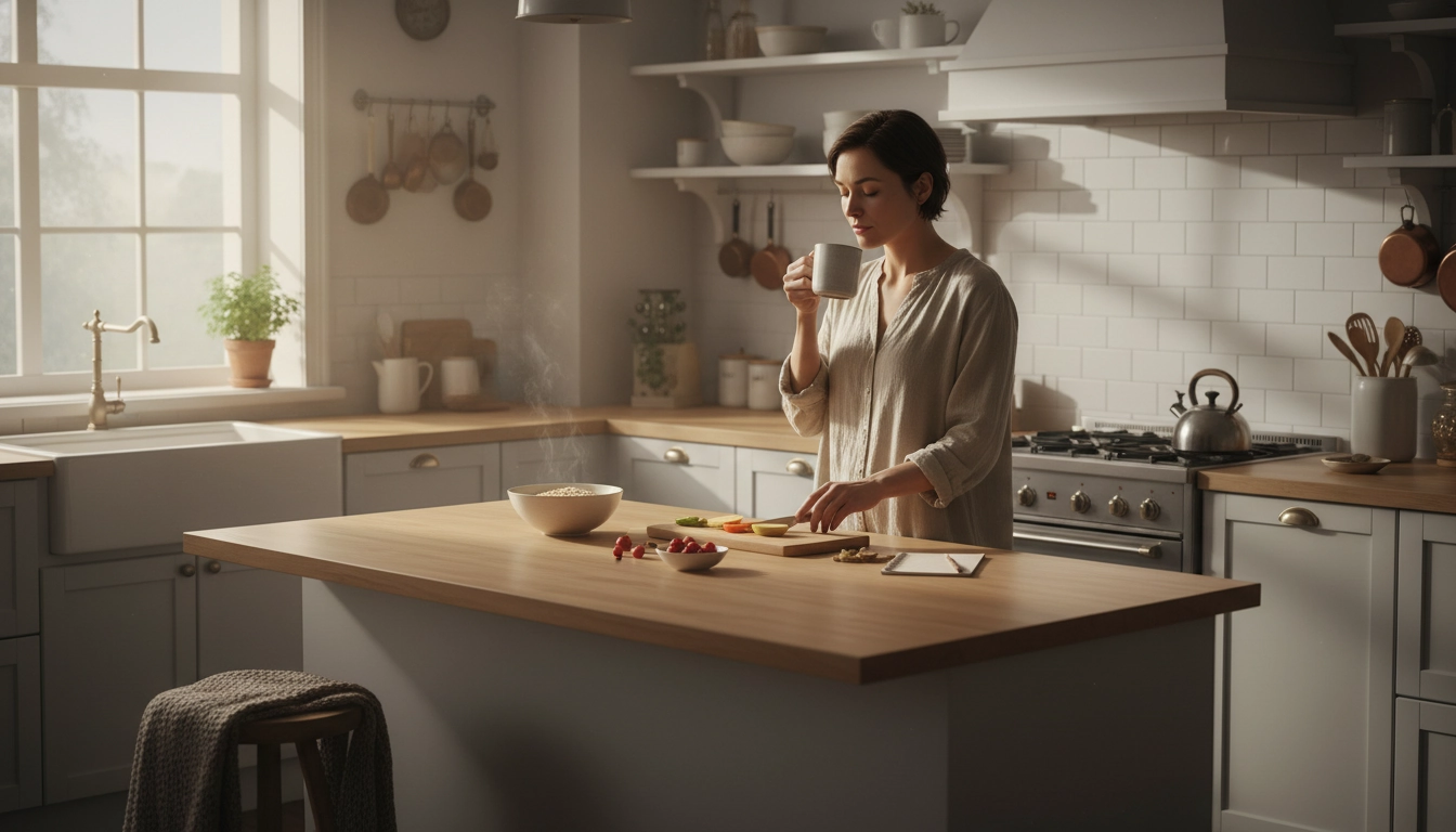 Mise en place d'une routine matinale efficace pour parents débordés dans une cuisine lumineuse.