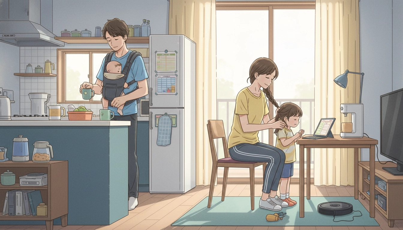 Un parent préparant sereinement le petit-déjeuner, symbole d'une routine matinale efficace et sans stress.