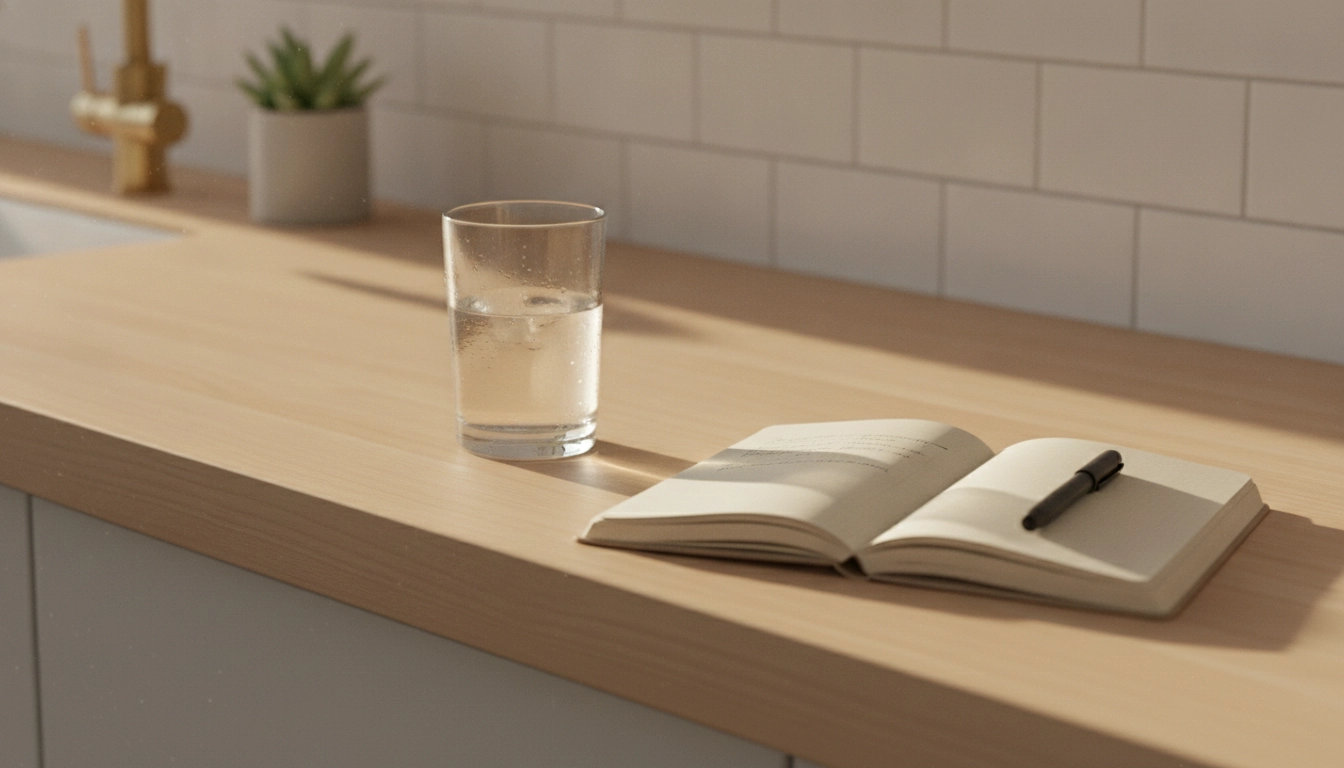 Préparation d'un carnet et d'un verre d'eau pour une routine matinale rapide efficace.