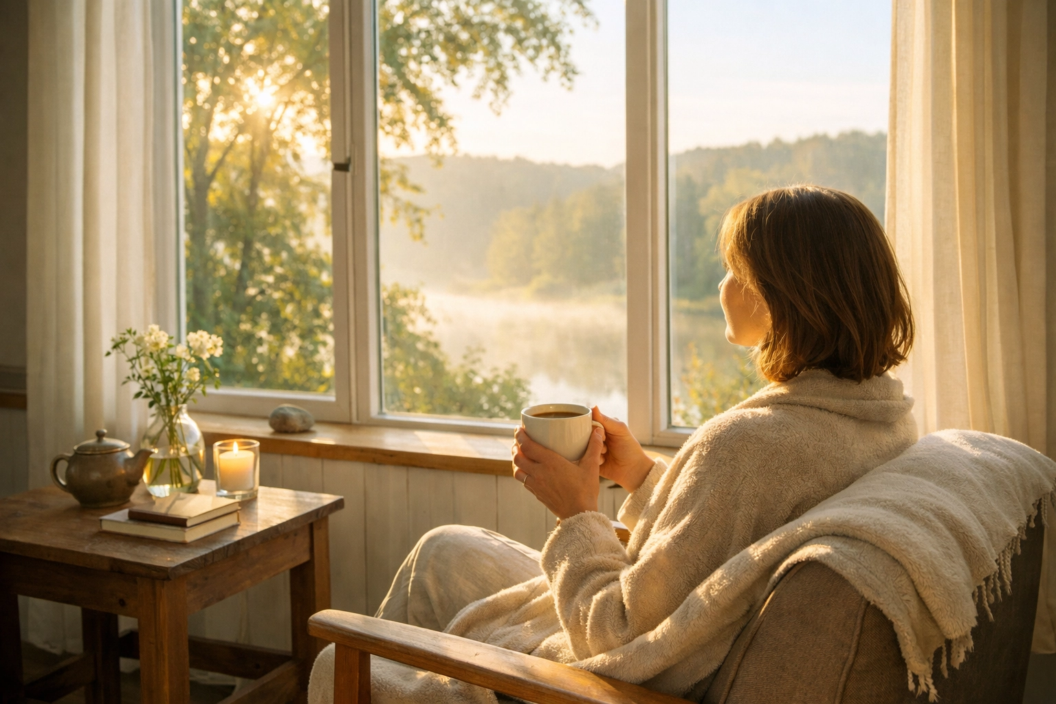 Personne adoptant une routine matinale sans écran pour un esprit clair dans un cadre naturel et serein