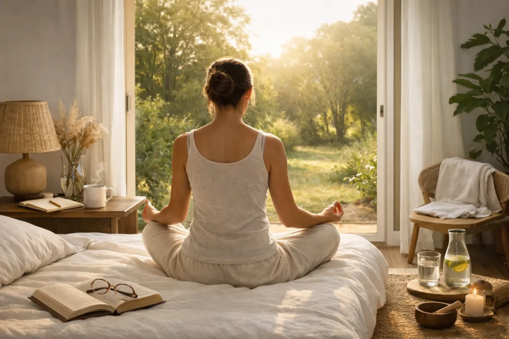 Femme pratiquant une routine matinale sans écran pour un esprit clair en meditant au coucher du soleil