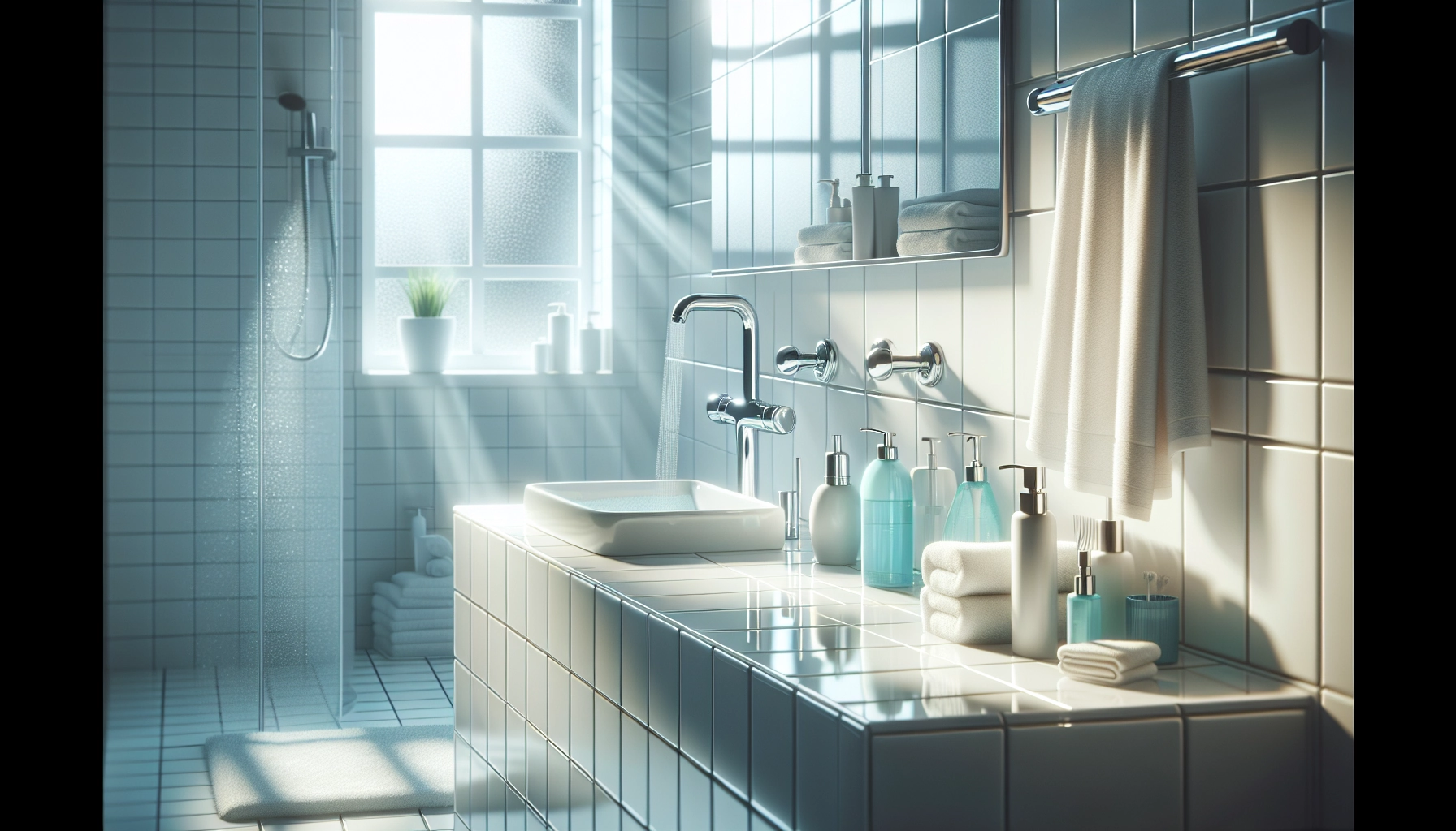 Salle de bain lumineuse et propre illustrant les résultats d'une routine nettoyage salle bain express hebdomadaire