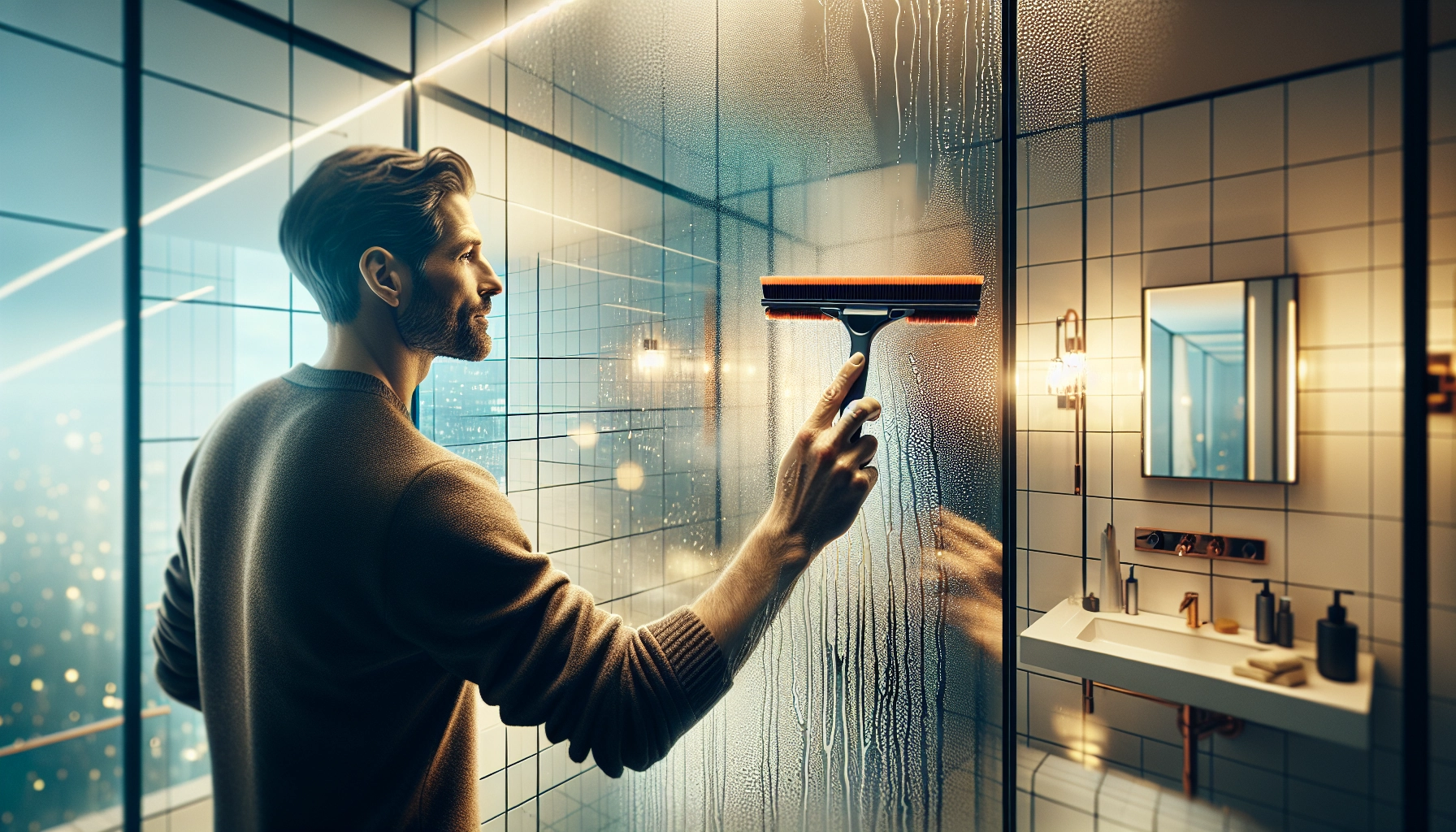 Geste quotidien de raclette sur paroi de douche pour maintenir la propreté entre deux routines hebdomadaires