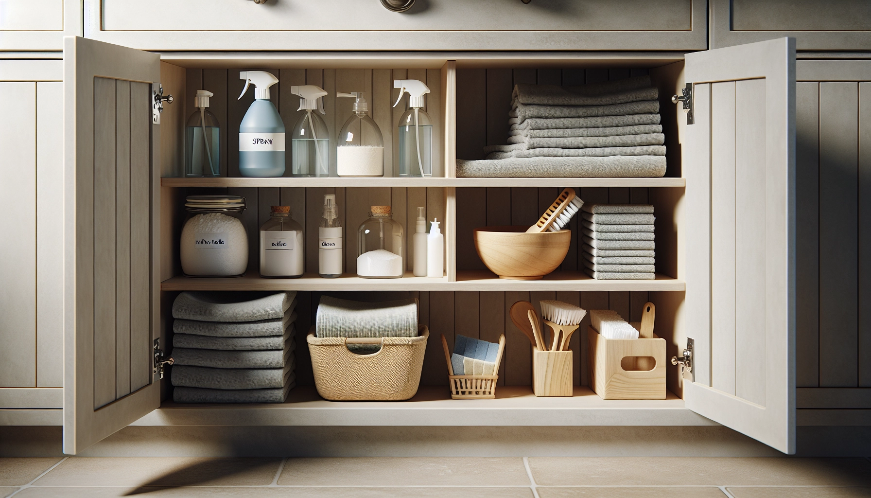 Organisation du bac de nettoyage sous l'évier pour faciliter la routine express de salle de bain