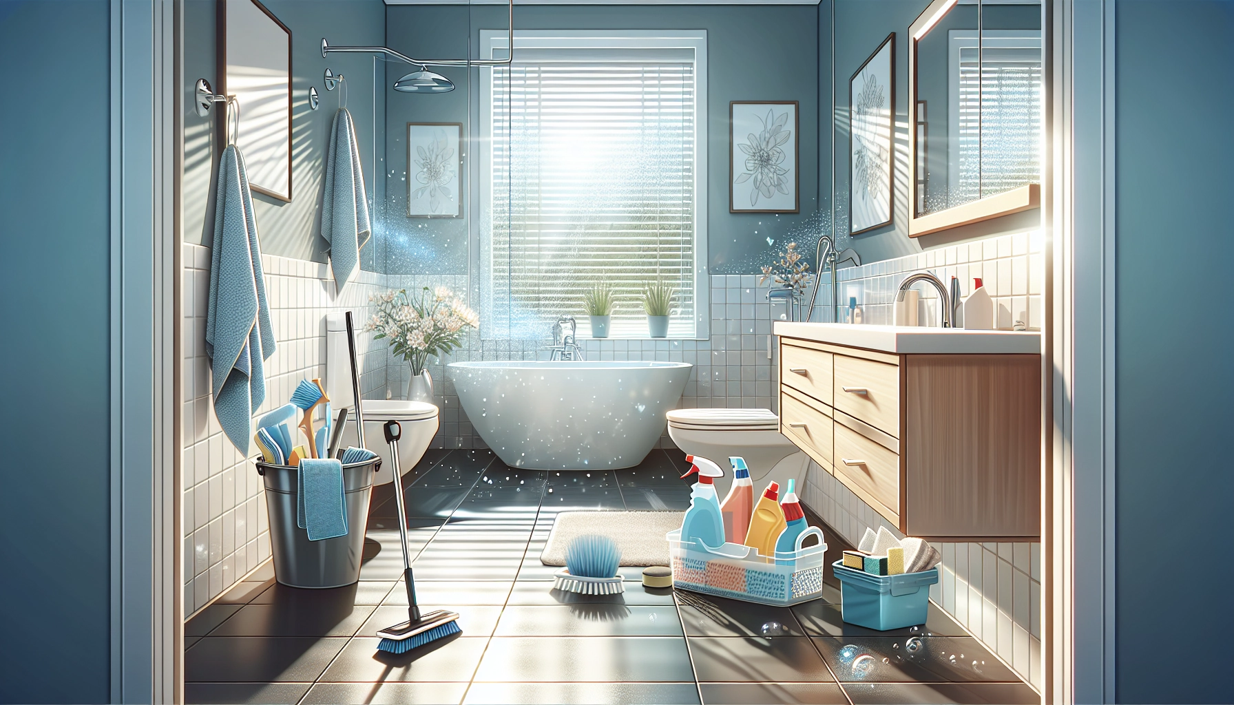 Salle de bain moderne et lumineuse après l'application d'une routine nettoyage salle bain express hebdomadaire