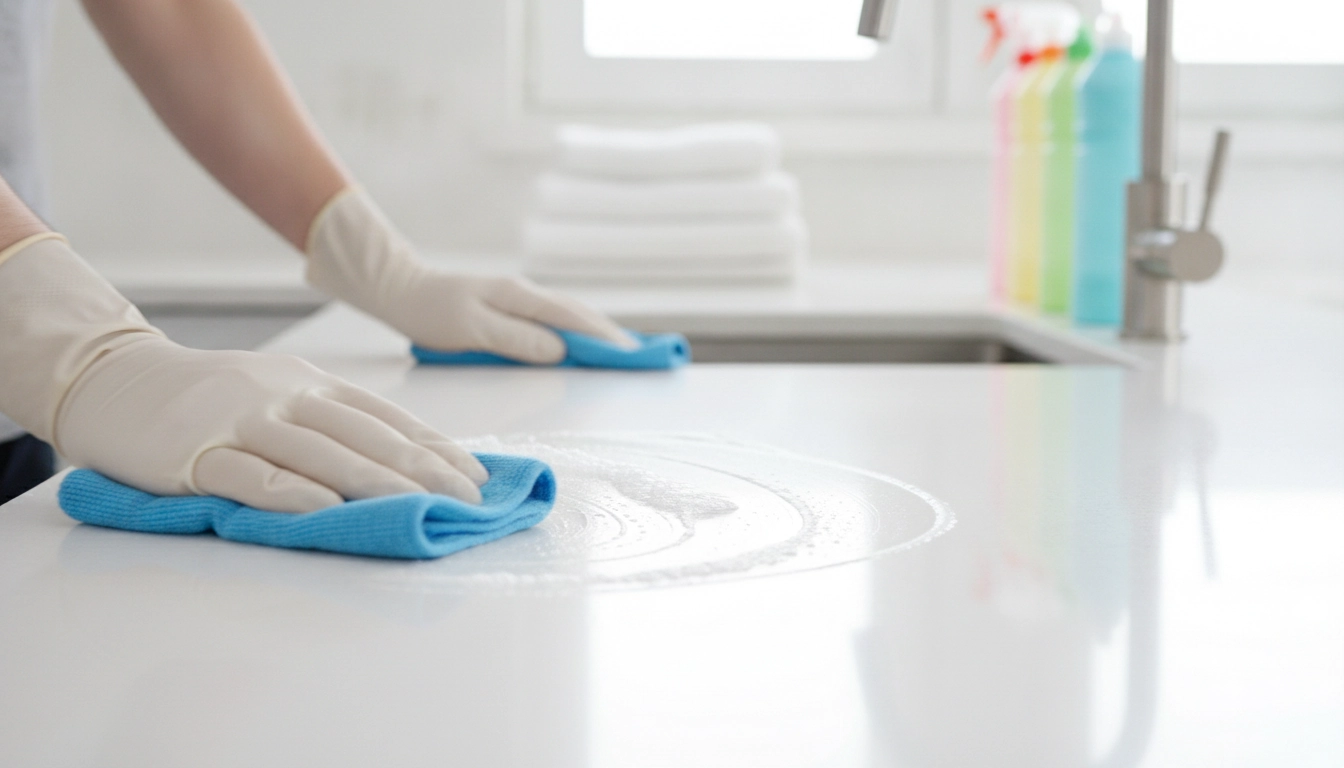Nettoyage efficace des surfaces dans le cadre d'une routine quotidienne nettoyage cuisine rapide.