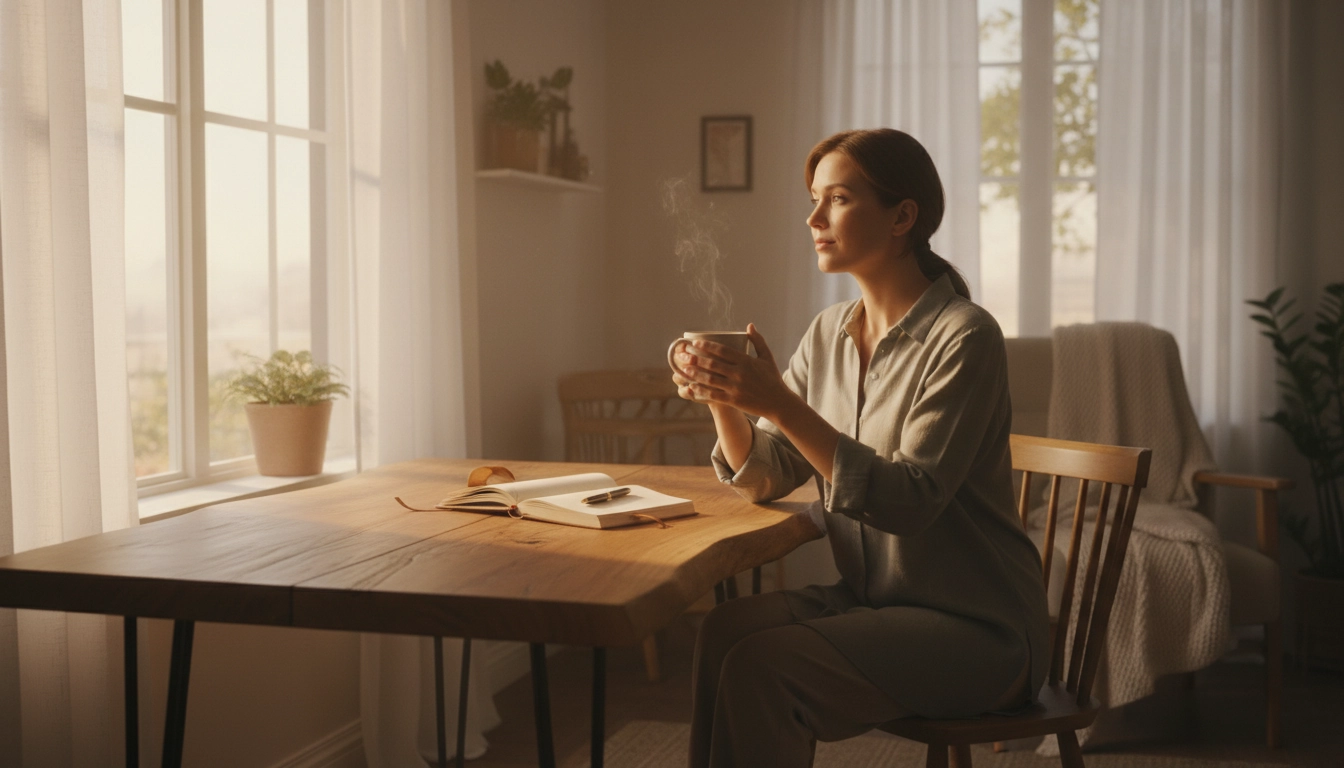 Femme sereine qui pratique des routines matinales efficaces avec un café et un journal personnel