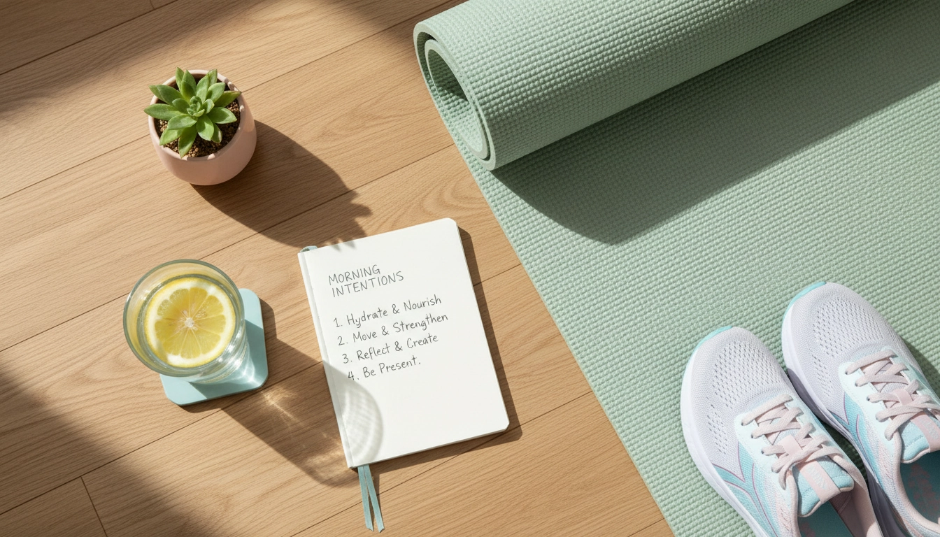 Préparation d'une routine matinale rapide avec eau citronnée, carnet d'intentions et tapis de yoga
