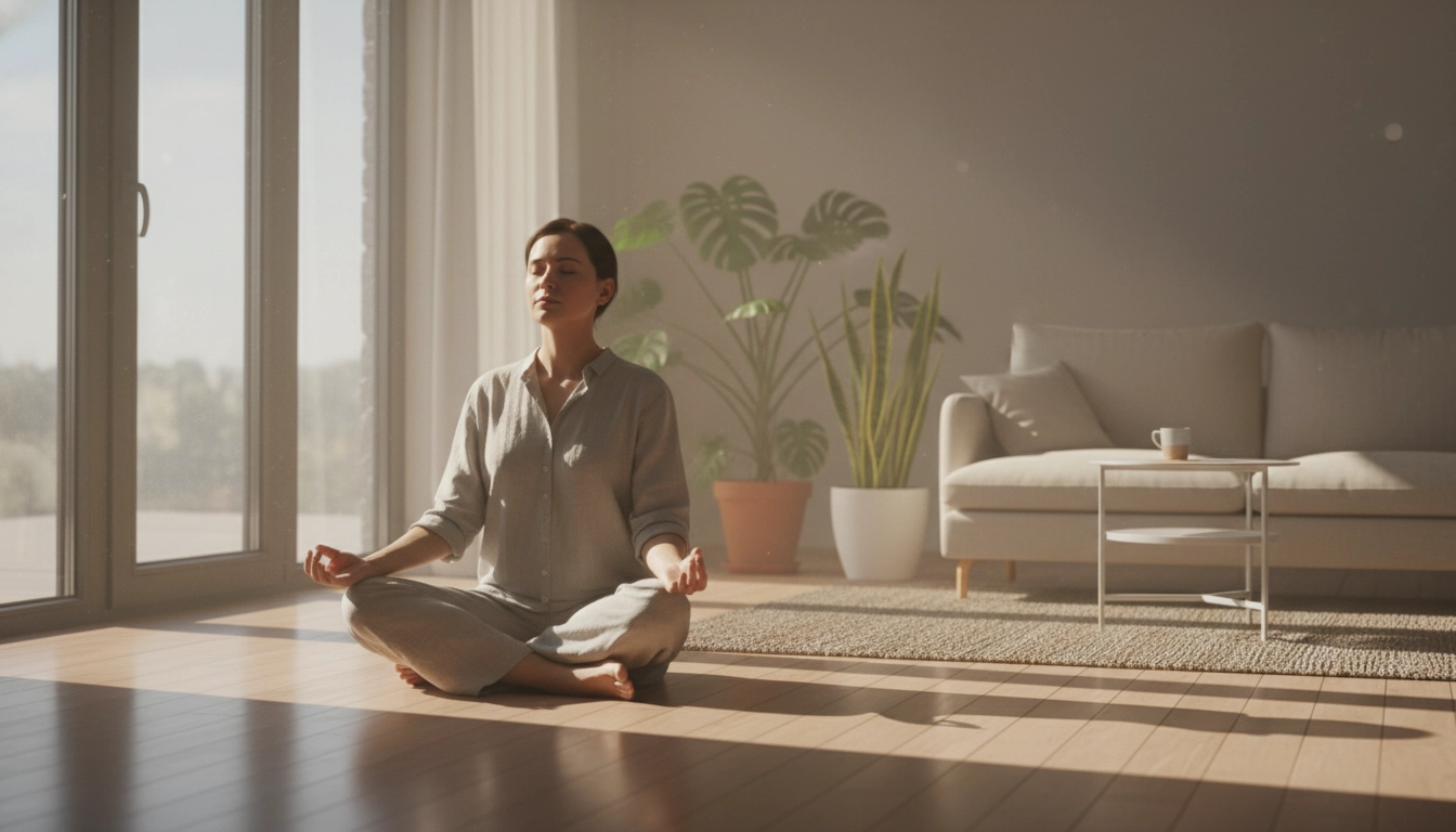 Personne en méditation de pleine conscience intégrée dans une routine matinale harmonieuse