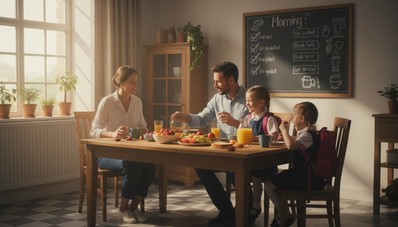 Famille organisée partageant un petit-déjeuner dans le cadre d'une routine matinale pour parents débordés