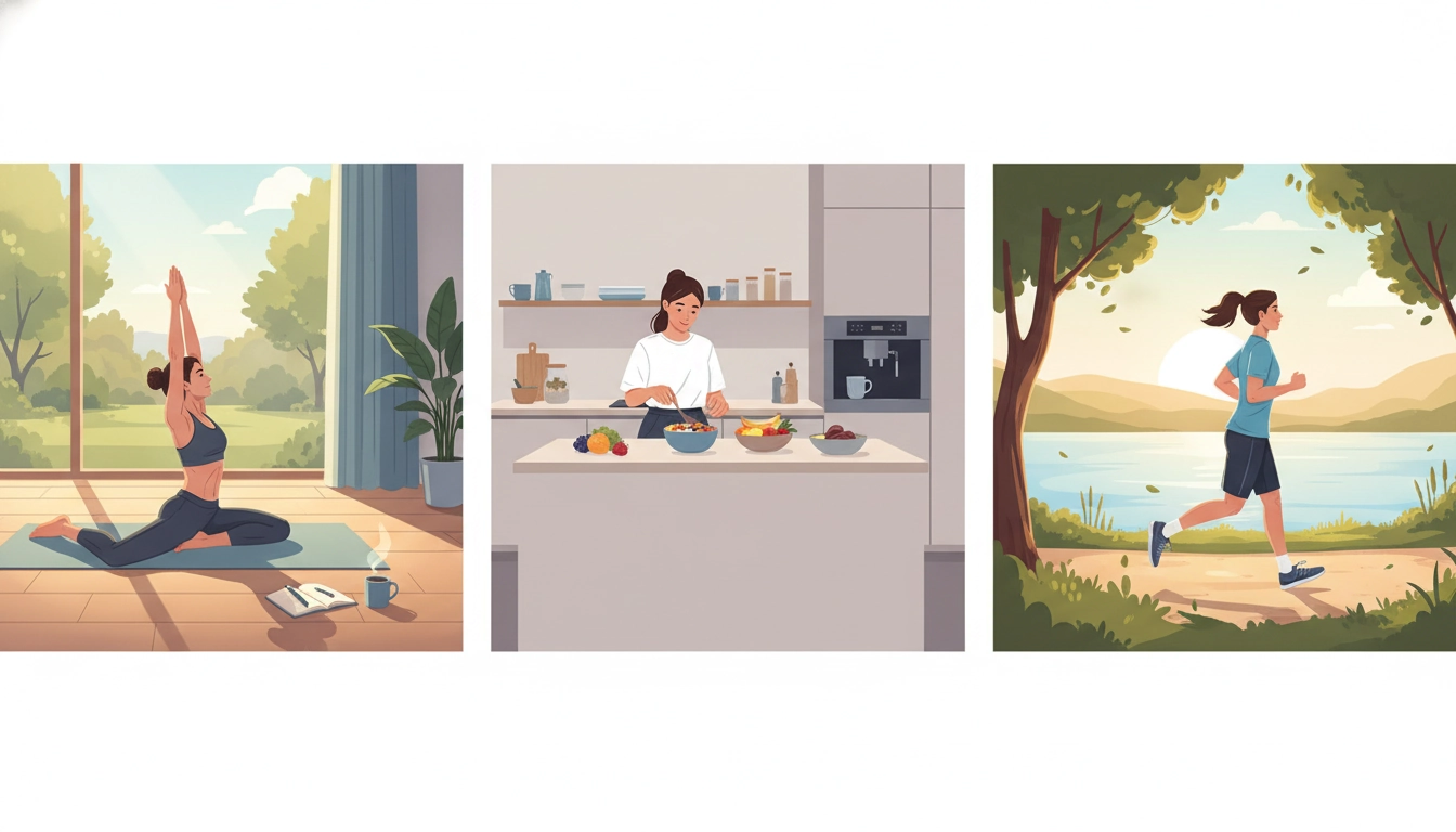 Femme pratiquant des routines matinales efficaces avec un café, un carnet et la lumière du matin