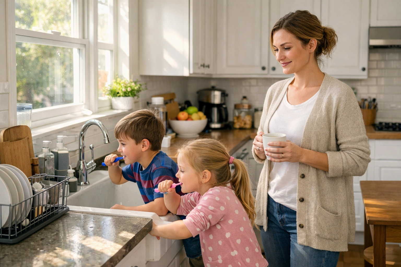 Mère et enfants dans une cuisine organisée pendant la matinée avec des routines tâches ménagères quotidiennes rapides bien établies