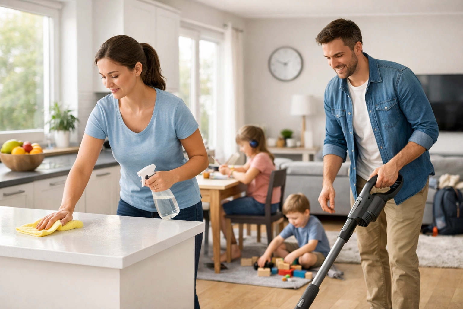 Parent réalisant des routines tâches ménagères quotidiennes rapides avec efficacité dans une cuisine bien organisée