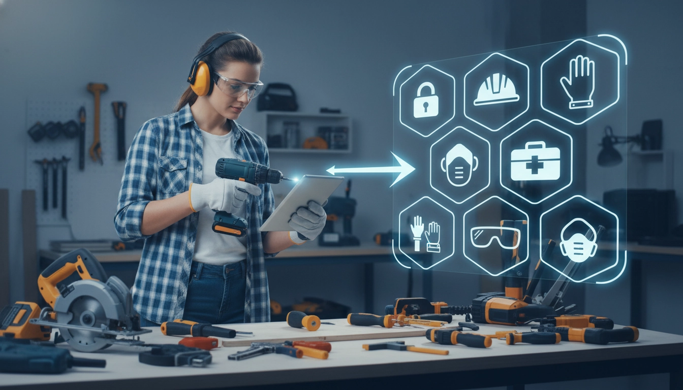 Un débutant en bricolage équipé de lunettes et gants de protection dans son atelier.