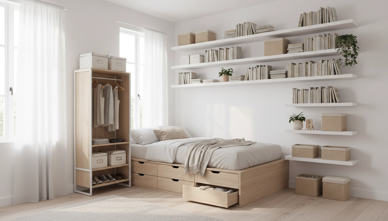Petite chambre moderne avec des solutions rangement chambre innovantes : étagères flottantes, lit avec tiroirs intégrés et dressing minimaliste
