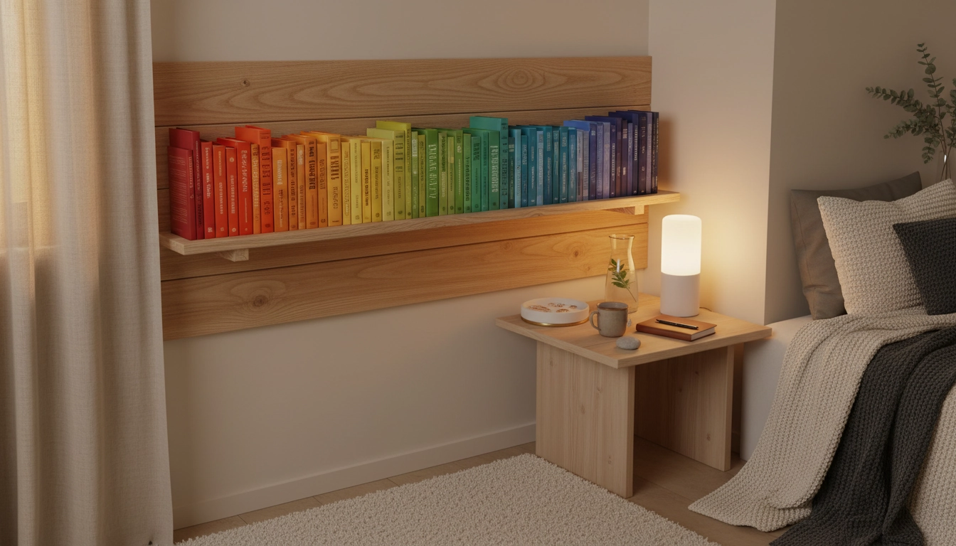 Rangement mural DIY en bois avec bibliothèque de chambre organisée par couleur, bijoux exposés sur plateau et table de chevet épurée