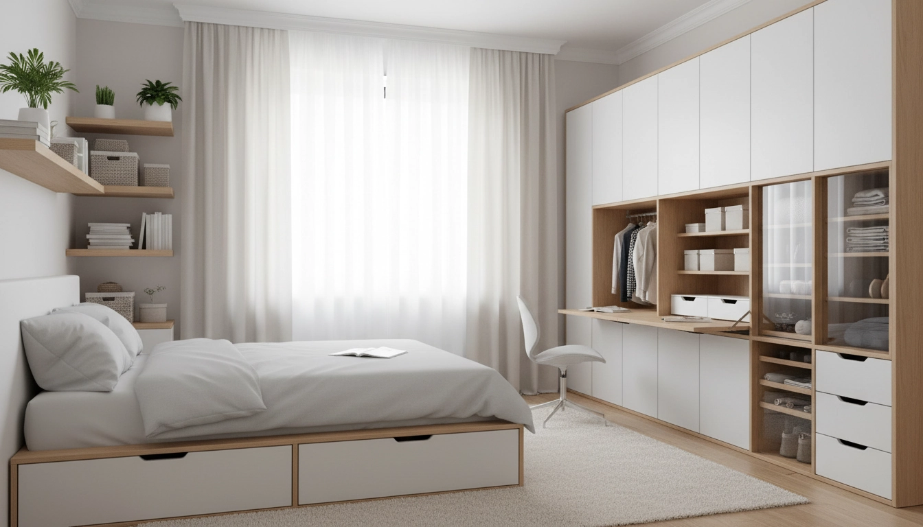 Chambre moderne parfaitement organisée avec des solutions de rangement innovantes et un espace serein