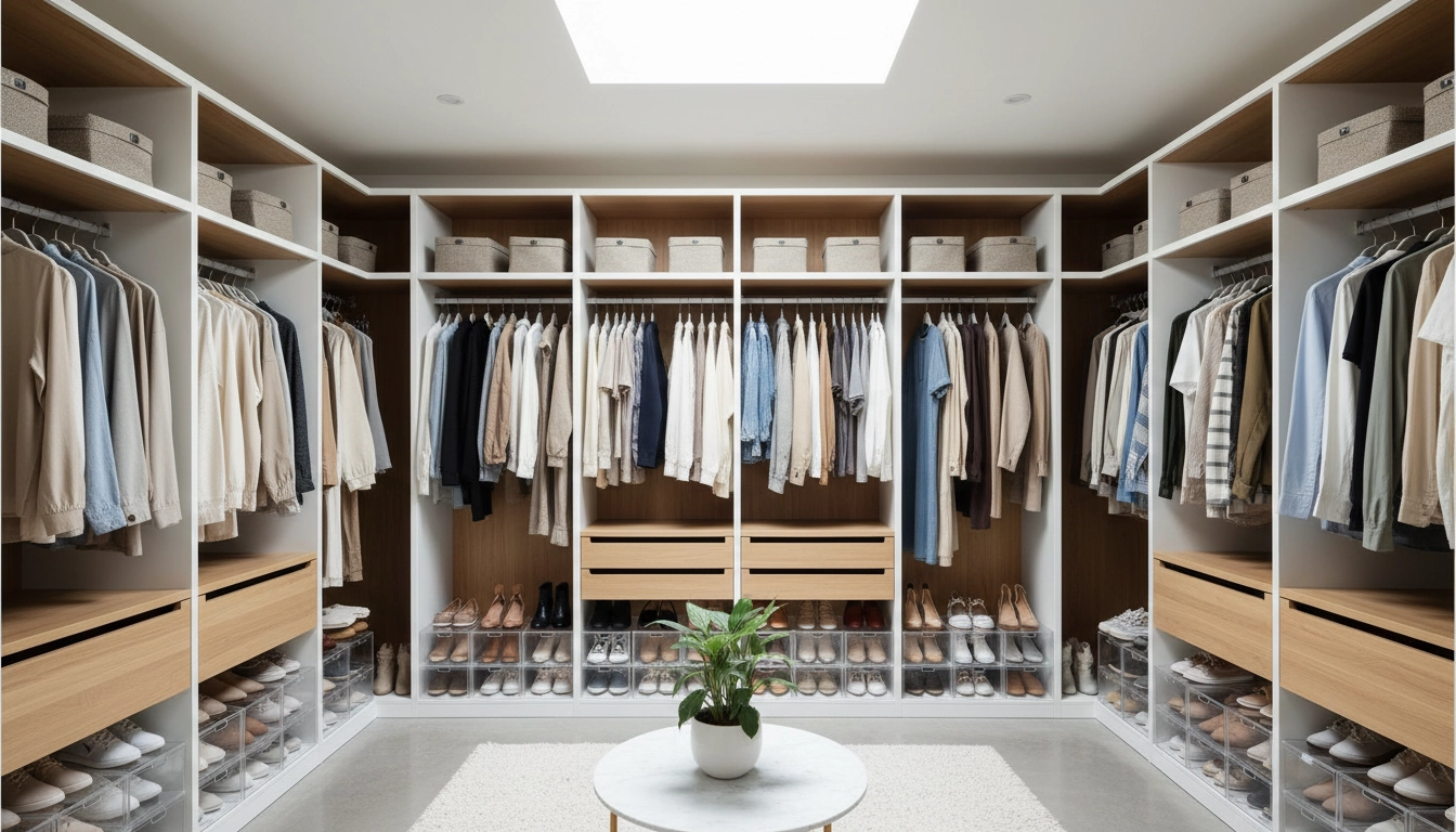 Solutions rangement dressing minimaliste avec étagères blanches, cintres uniformes et boîtes à chaussures transparentes dans un walk-in closet épuré