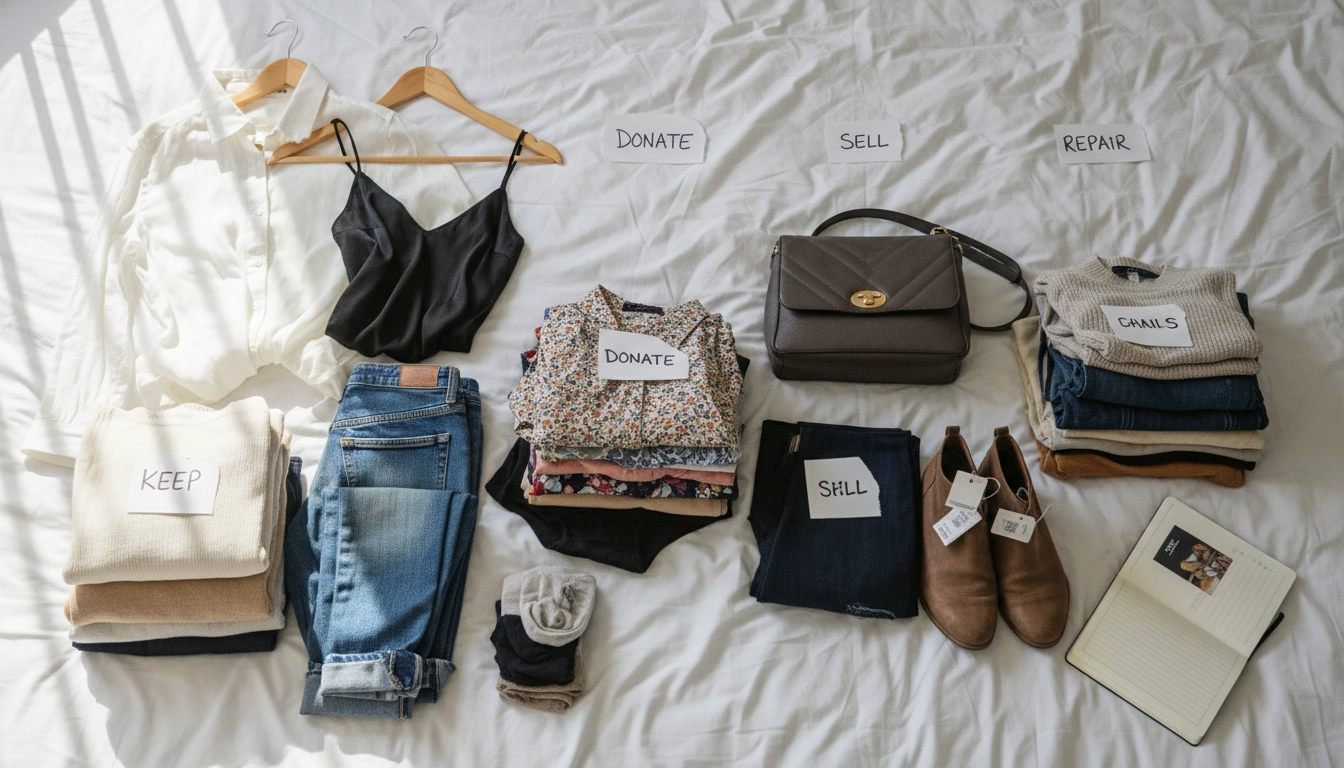 Tri des vêtements en quatre catégories pour organiser un dressing minimaliste épuré