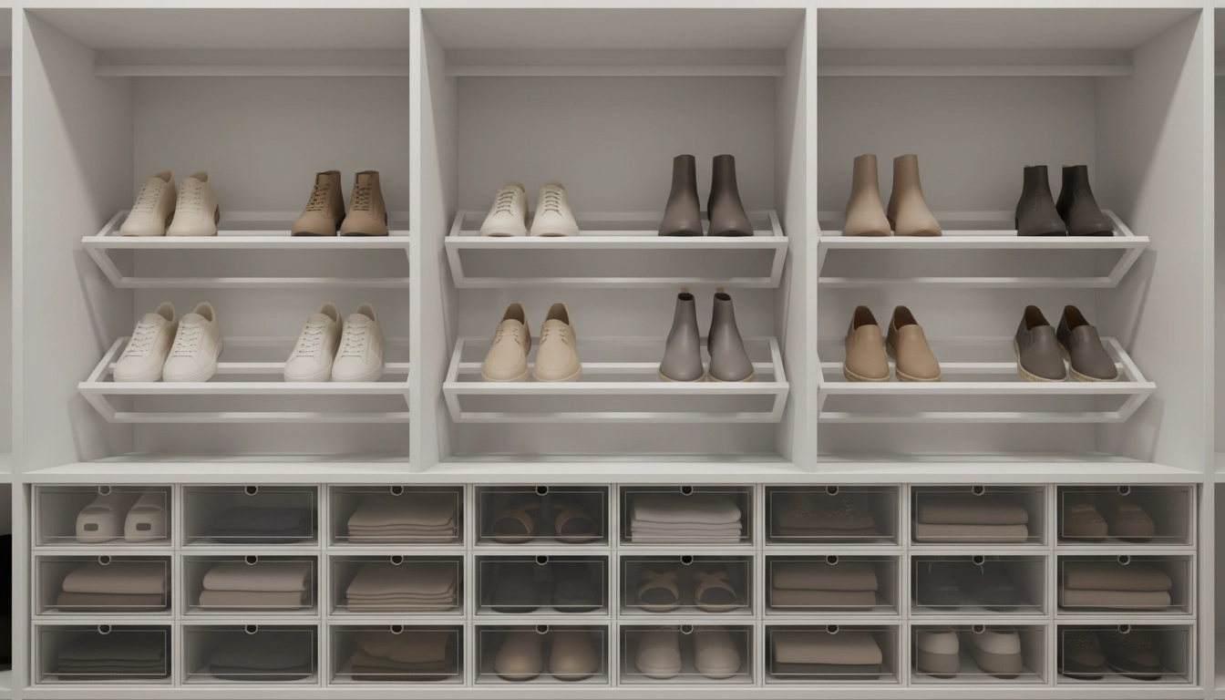 Rangement chaussures dans un dressing minimaliste avec boîtes transparentes et étagères inclinées