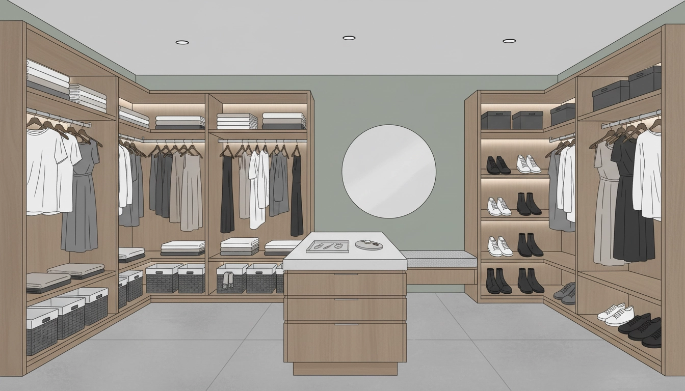 Dressing épuré et harmonieux avec solutions rangement minimaliste en blanc et bois naturel