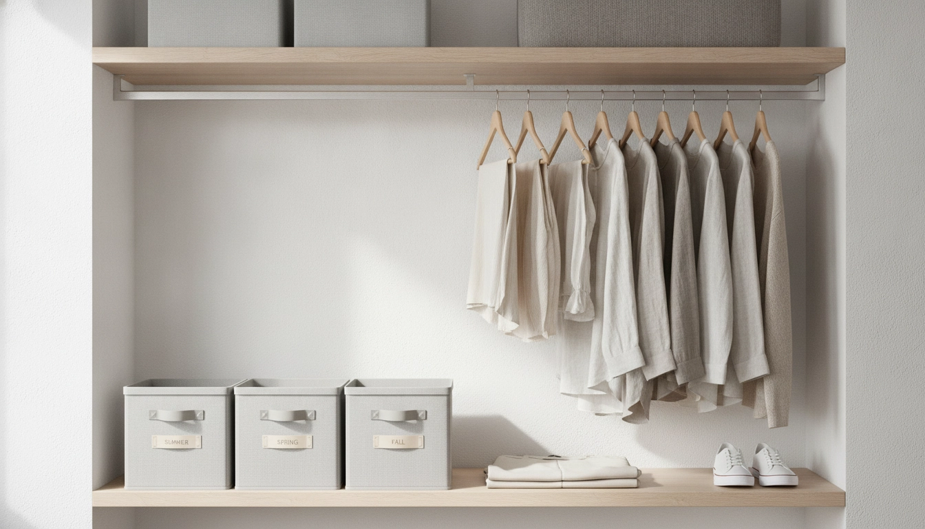 Exemple de solutions rangement vêtements saisonniers dans une garde-robe moderne.