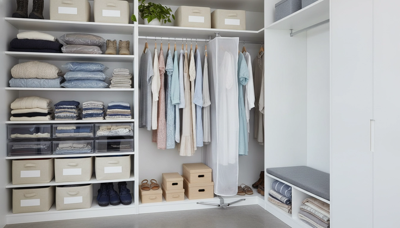 Une armoire bien organisée utilisant des solutions rangement vêtements saisonniers avec des boîtes étiquetées.