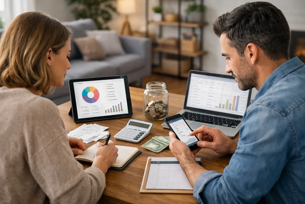Femme utilisant une application pour suivre dépenses quotidiennes gestion budget familial sur son téléphone