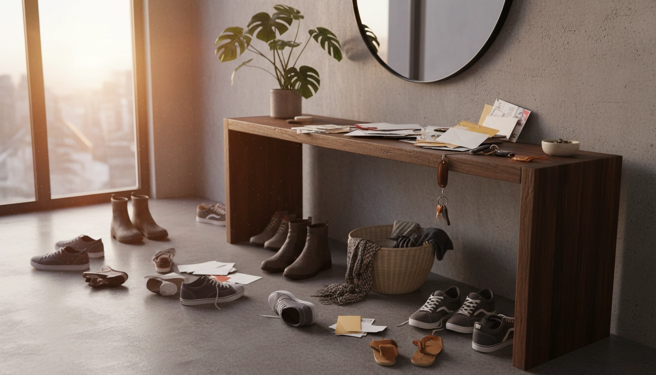 Une entrée de maison désordonnée illustrant le besoin d'un système de gestion tâches ménagères maison propre.