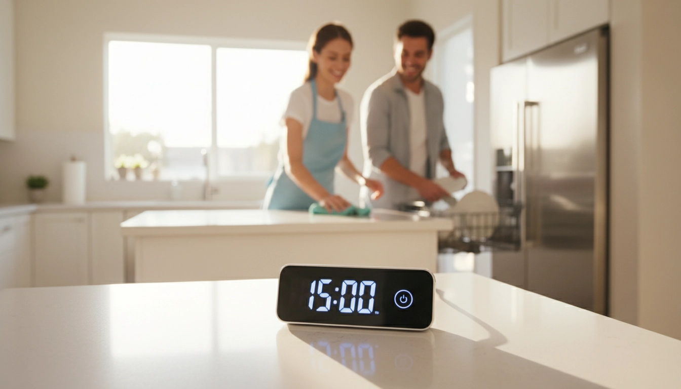 Un minuteur de 15 minutes pour accélérer les routines quotidiennes de ménage.