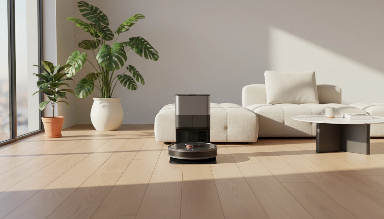 Un aspirateur robot automatisant le nettoyage dans un salon minimaliste.