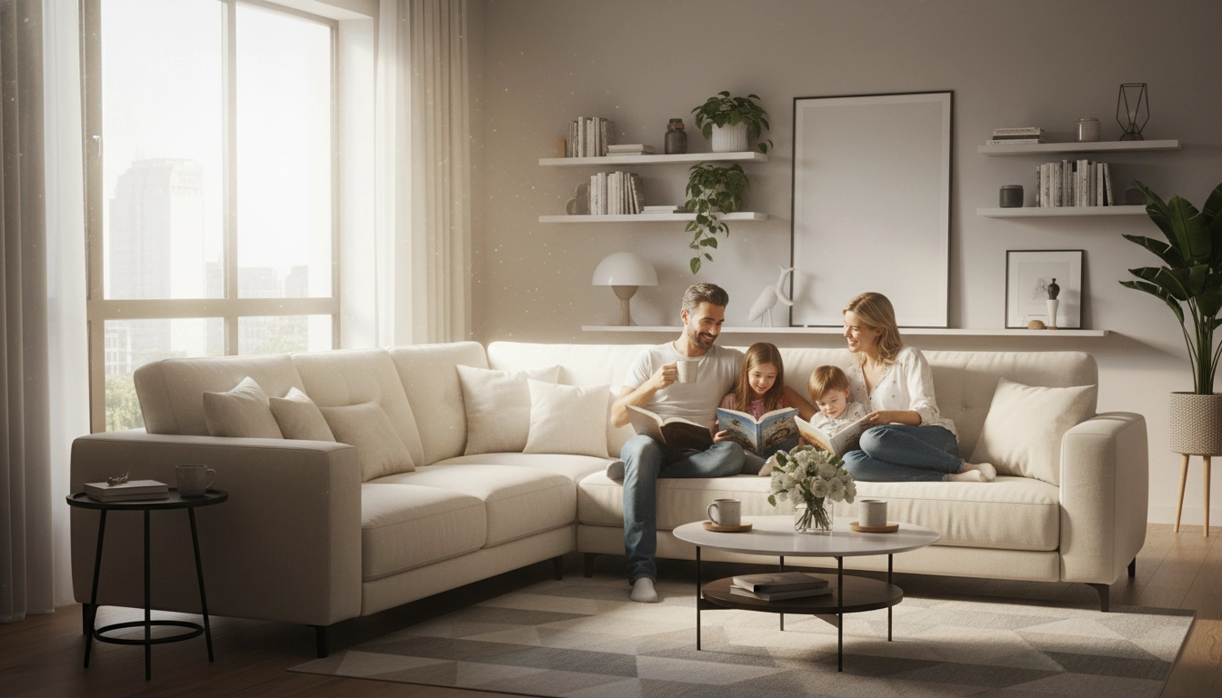 Une famille profitant de son week-end grâce à un système de gestion tâches ménagères maison propre efficace.