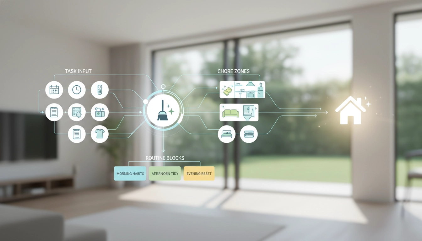 Une famille appliquant un système de gestion tâches ménagères maison propre dans un salon lumineux et parfaitement rangé.