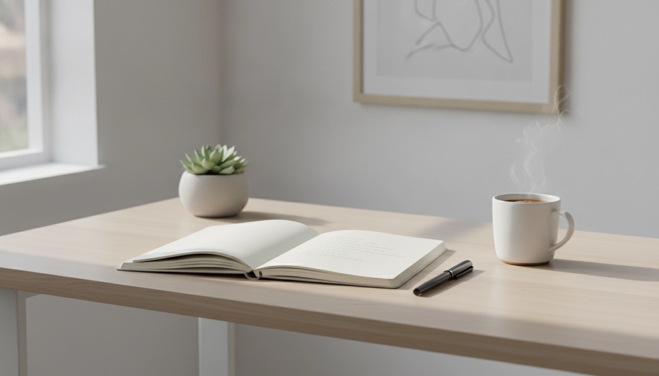 Bureau minimaliste avec carnet pour appliquer des techniques efficaces pour lutter contre la charge mentale