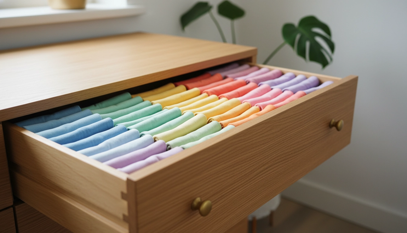 Application des techniques pliage vêtements dressing gain place avec des t-shirts colorés dans un tiroir.