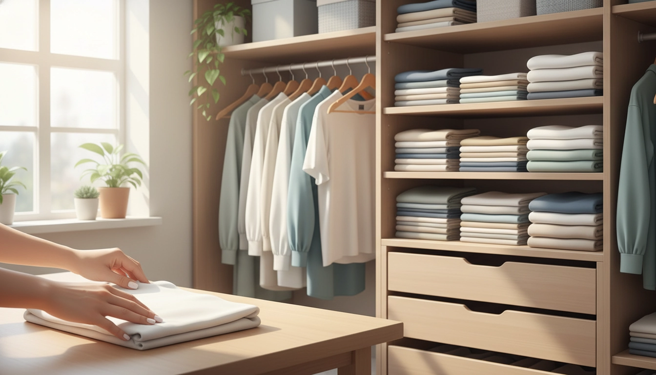 Gros plan sur des techniques de pliage de vêtements dans un tiroir en bois clair pour maximiser l'espace du dressing.