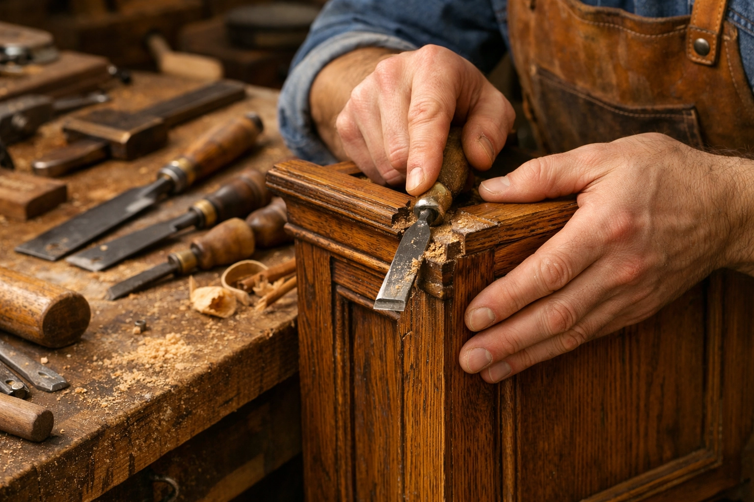Artisan appliquant les techniques de réparation meuble ancien bois avec un ciseau à bois sur une armoire en chêne