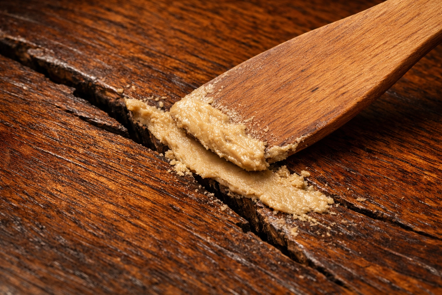Application de mastic bois pour reboucher une fissure profonde sur un meuble ancien en noyer