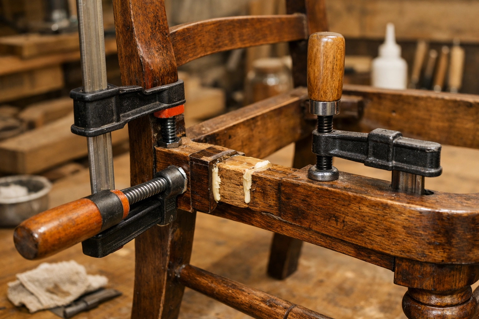Consolidation des assemblages tenons-mortaises d'une chaise ancienne en bois avec serre-joints lors d'une restauration