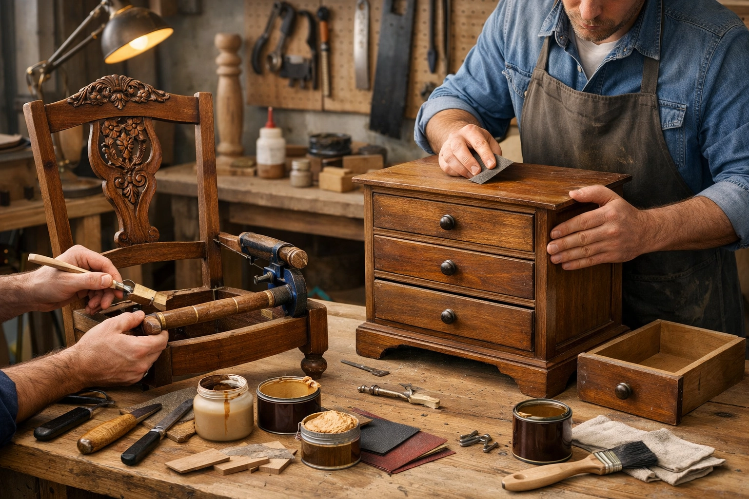 Restauration d'un meuble ancien en bois massif dans un atelier d'ébénisterie avec outils artisanaux