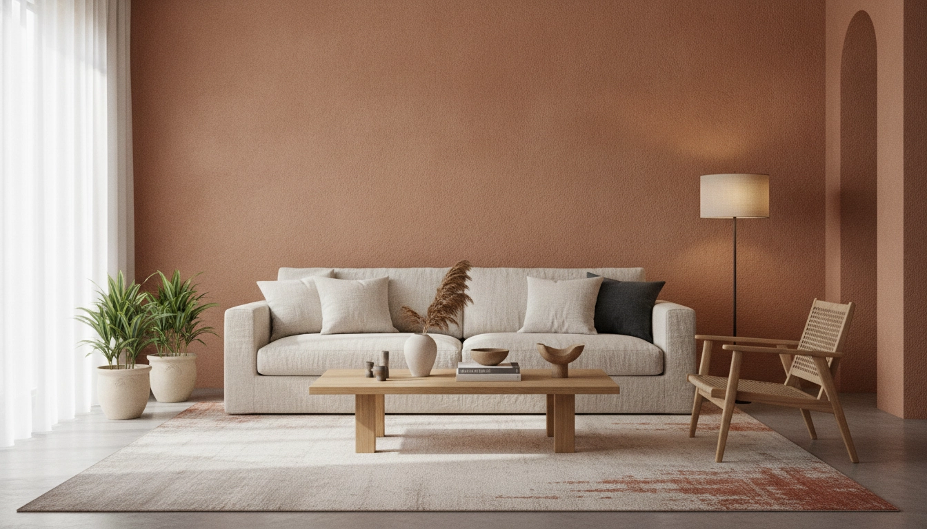 Salon avec murs terracotta illustrant les tendances couleurs intérieur modernes inspiration