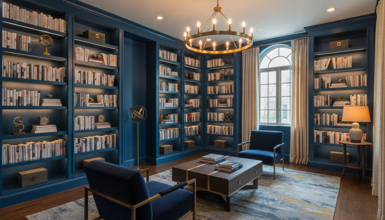 Bibliothèque bleu nuit pour un intérieur moderne et élégant