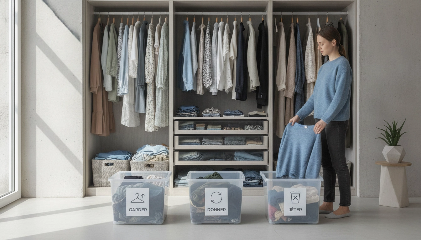 Une personne organisant consciencieusement son dressing pour apprendre comment trier ses vêtements désencombrer dressing efficacement