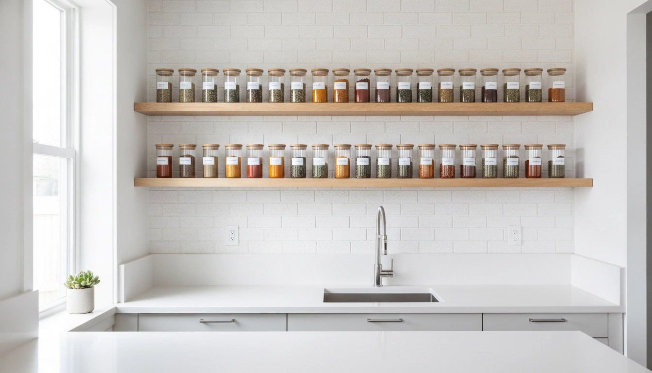Idée pour utiliser étagères murales rangement petite cuisine de manière élégante