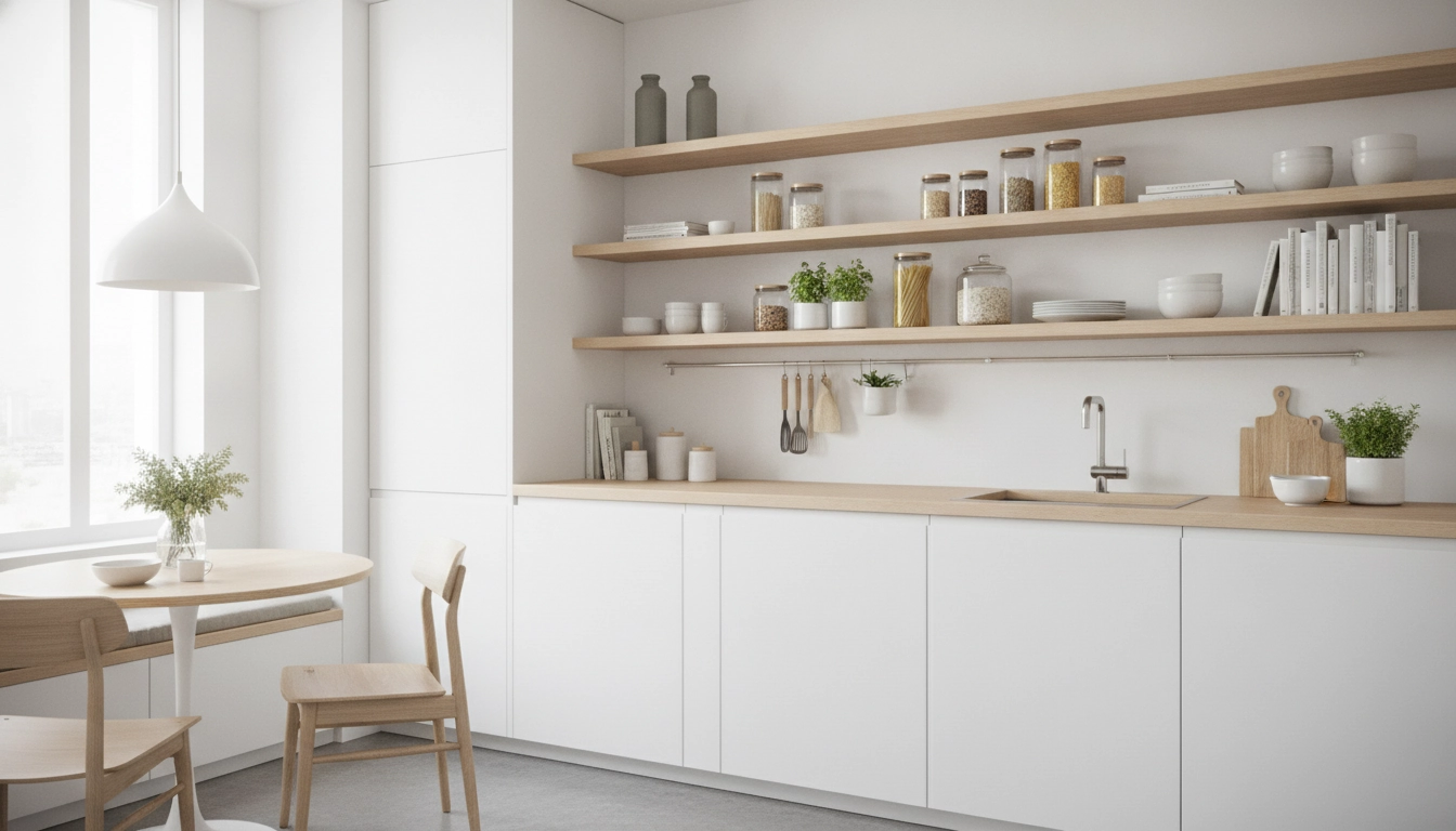 Cuisine moderne utilisant des étagères murales pour le rangement d'une petite cuisine